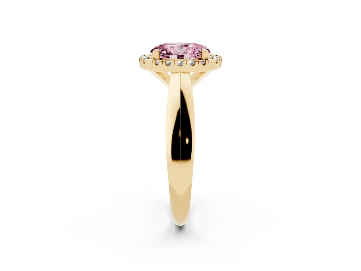 Fancy Pink Oval Cut Cut Halo Solitaire Engagement Ring with Square Band and Four-Prong Setting Yellow gold