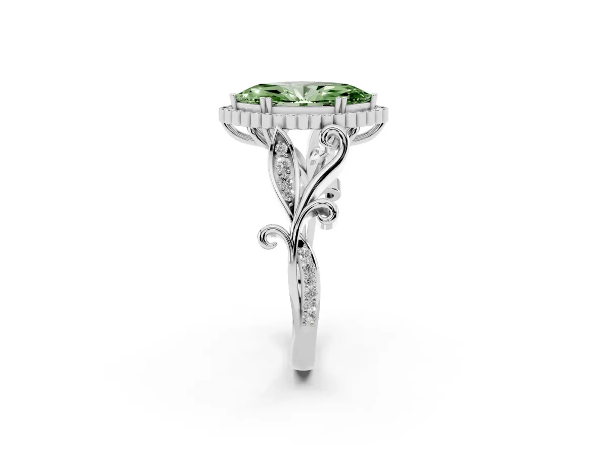 Fancy Green Marquise Cut Diamond Halo Ring with Vintage Split Shank and Four-Prong Setting Silver