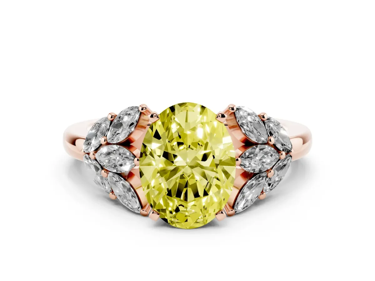 Fancy Yellow Oval Cut Diamond Cluster Leaf Design Ring with Prong Setting Rose gold