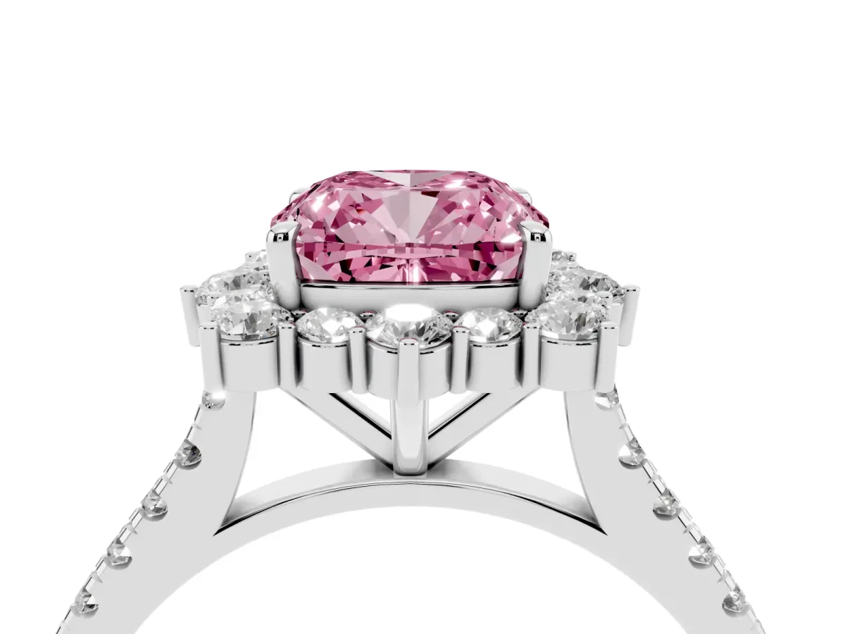Fancy Pink Cushion Cut Halo Diamond Ring with Pavé Band and Prong Setting Silver
