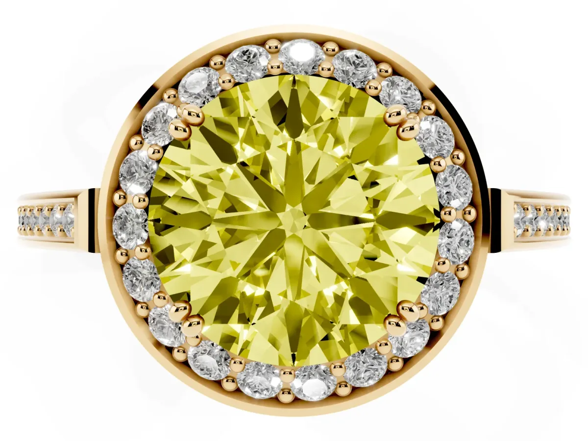 Fancy Yellow Round Cut Diamond Halo Ring with Split Shank and Four-Prong Setting Yellow gold