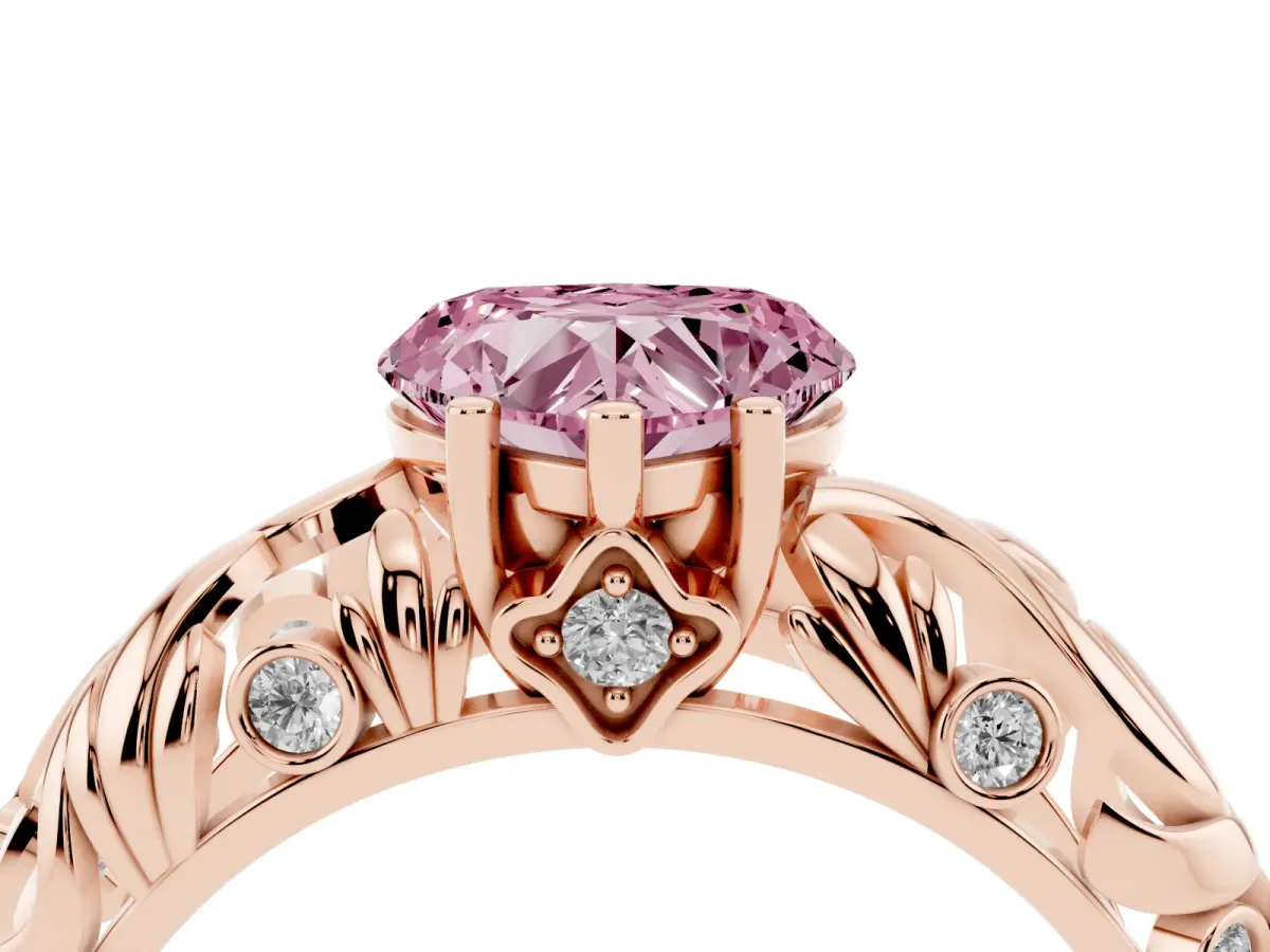 Fancy Pink Heart Cut Solitaire Diamond Leaf-Inspired Vine Band Ring with Prong Setting Rose gold