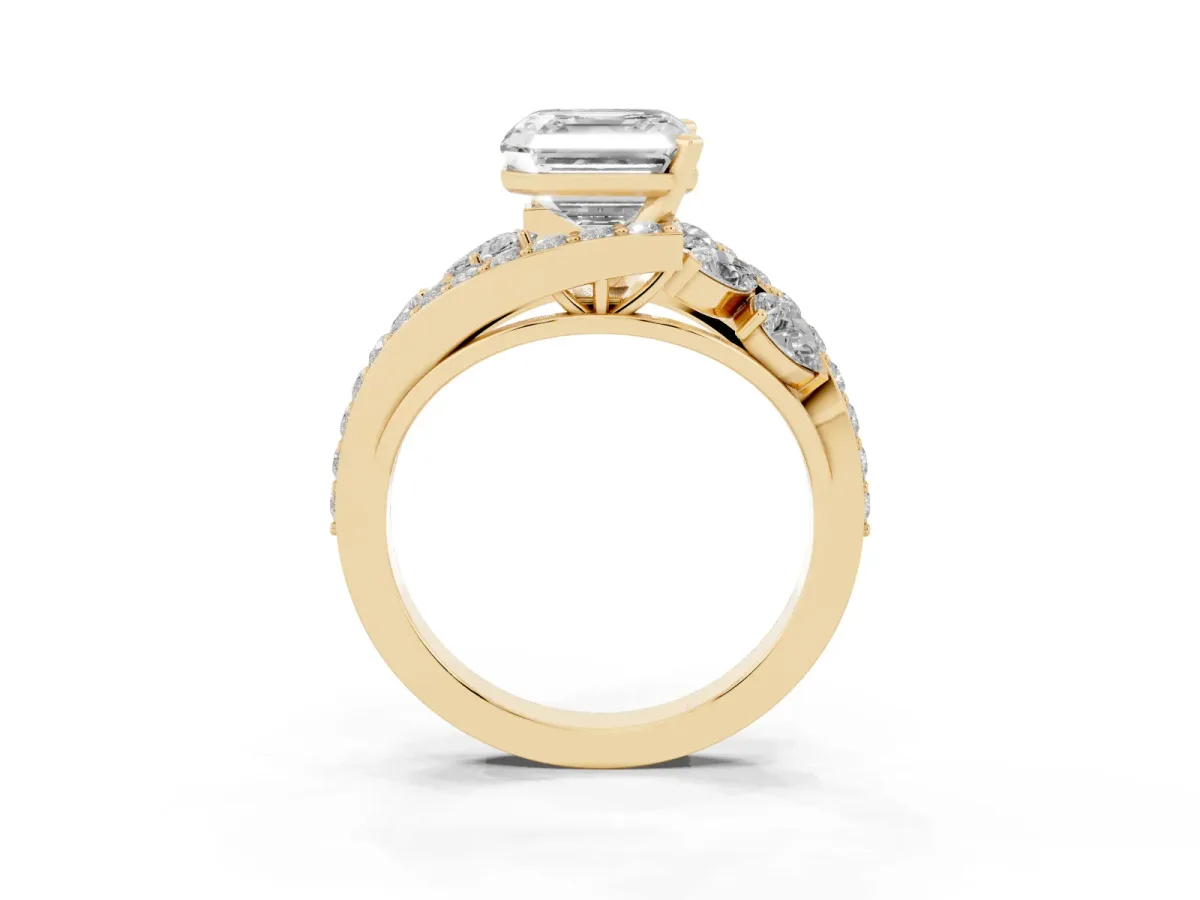 Asscher Cut Diamond Halo Ring with Marquise and Pavé Band in Prong Setting Yellow gold