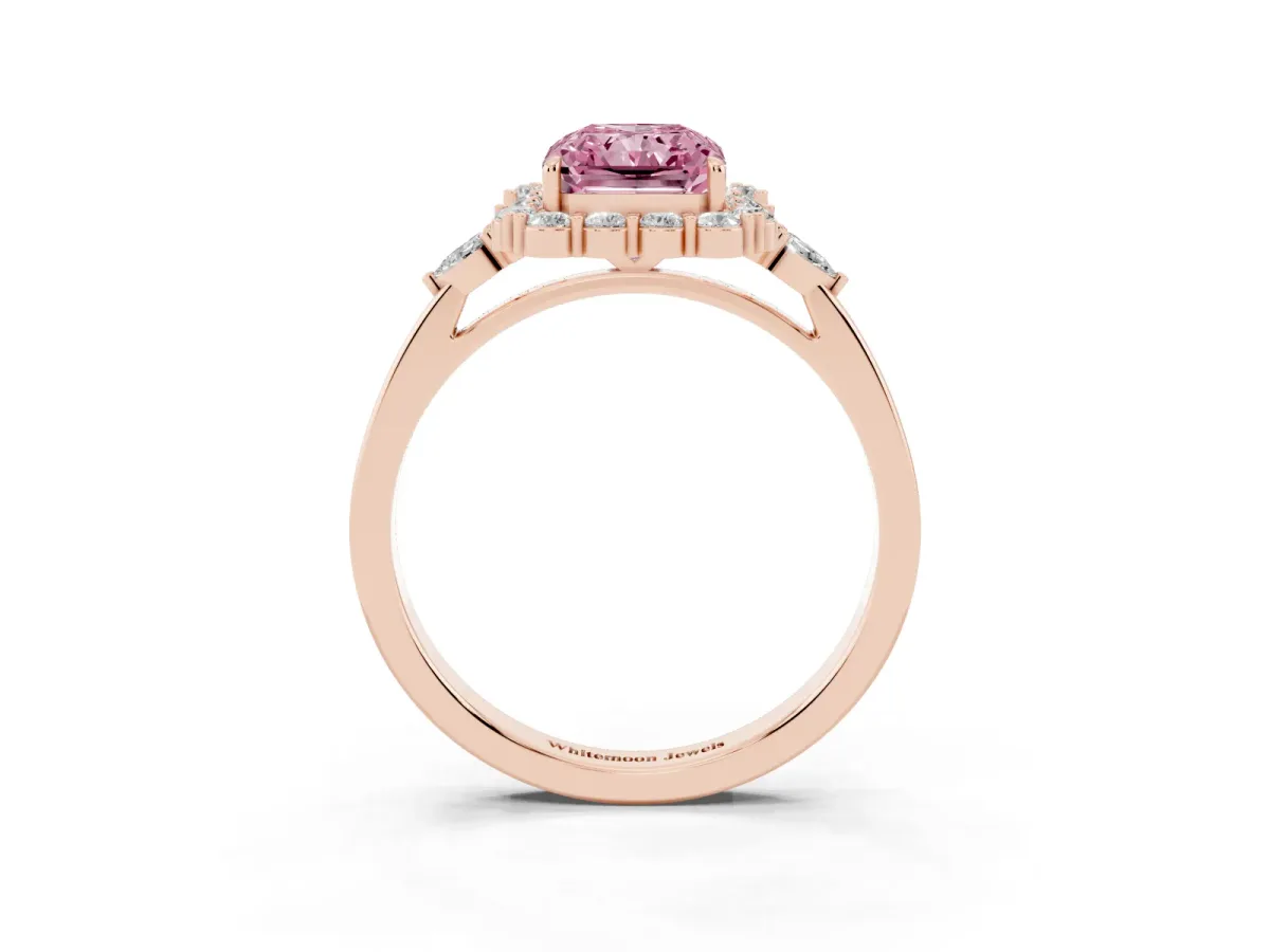 Fancy Pink Radiant Cut Diamond Halo Ring with Pear Side Stones and Prong Setting Rose gold