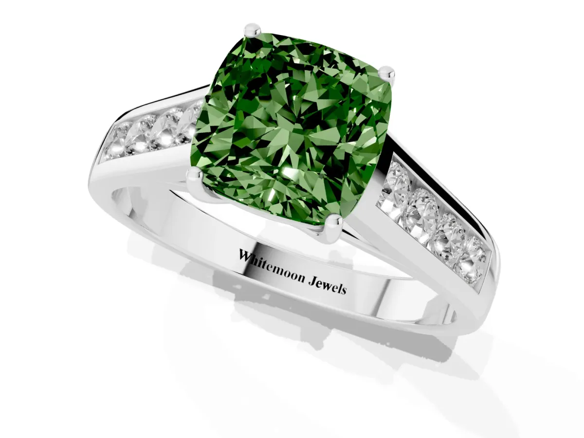 Fancy Green Cushion Cut Solitaire Channel-Set Diamond Engagement Ring with Four-Prong Setting Silver