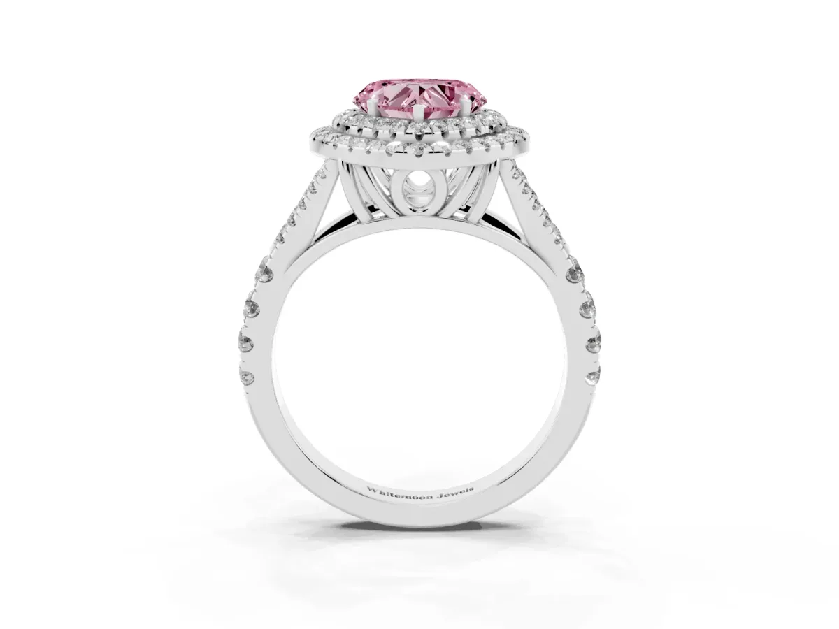 Fancy Pink Double Halo Heart Cut Diamond Split Shank Engagement Ring with Four-Prong Setting White gold
