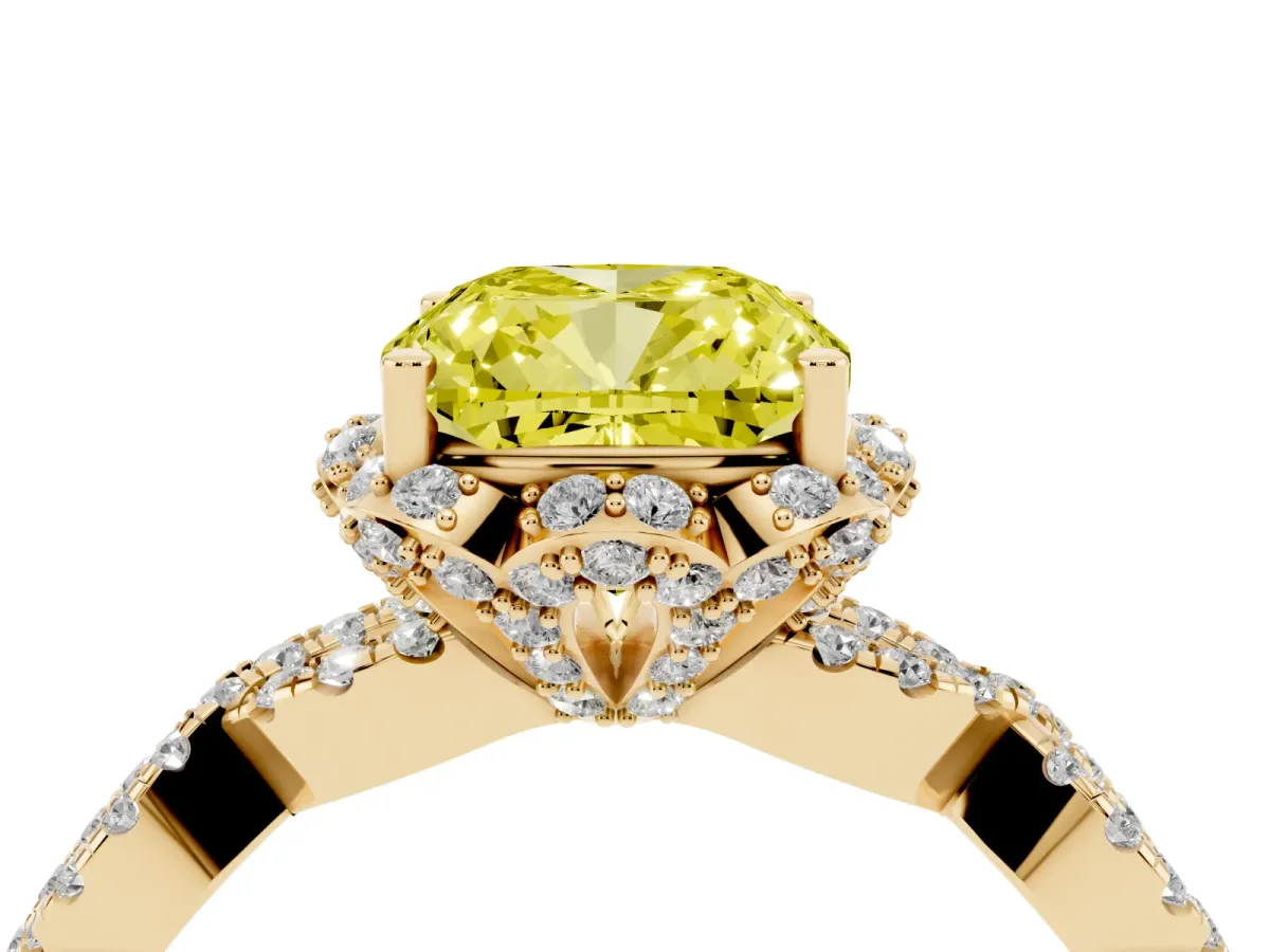 Fancy Yellow Cushion Cut Halo Twist Band Solitaire Ring with Six-Prong Setting Yellow gold