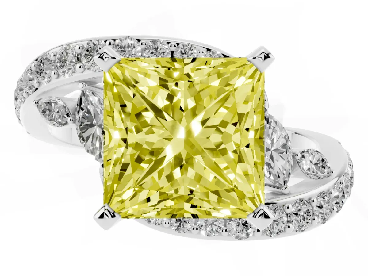 Fancy Yellow Princess Cut Solitaire with Pavé Twist Band and Four-Prong Setting Silver