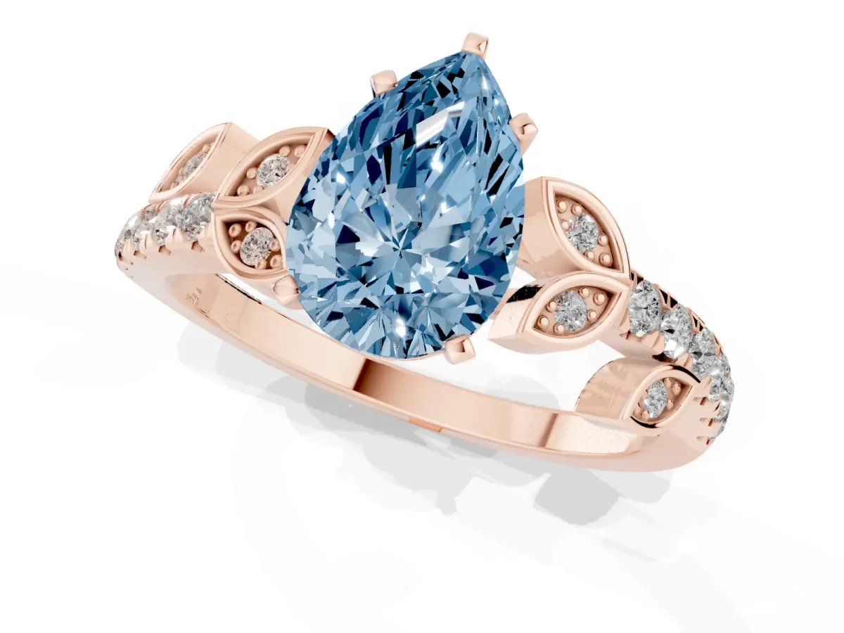 Fancy Blue Pear Cut Solitaire Leaf-Inspired Diamond Ring with Pavé Band and Four-Prong Setting Rose gold