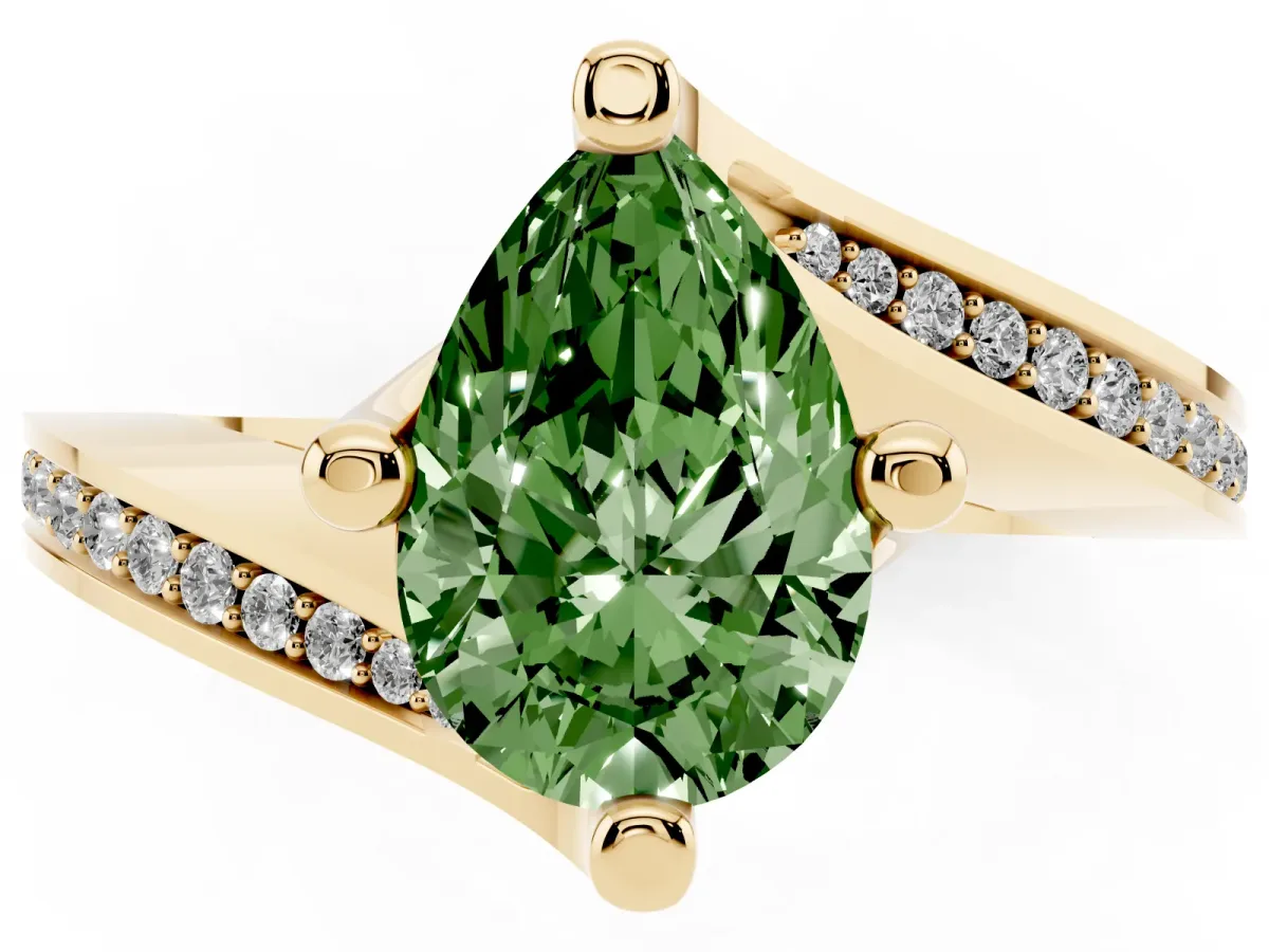 Fancy Green Pear Cut Solitaire Diamond Twist Band with Pavé Setting and Four-Prong Setting Yellow gold