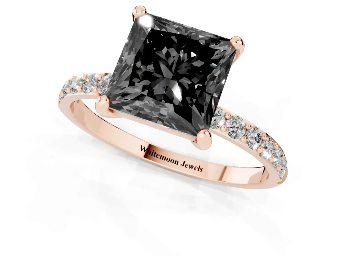 Fancy Black Princess Cut Diamond Solitaire Ring with Round Pavé Band and Prong Setting Rose gold