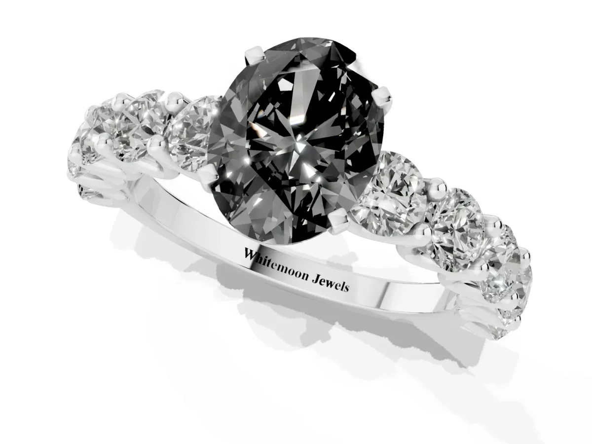 Fancy Black Oval Cut Diamond Prong Setting with Side Stones on a Pave Band Silver