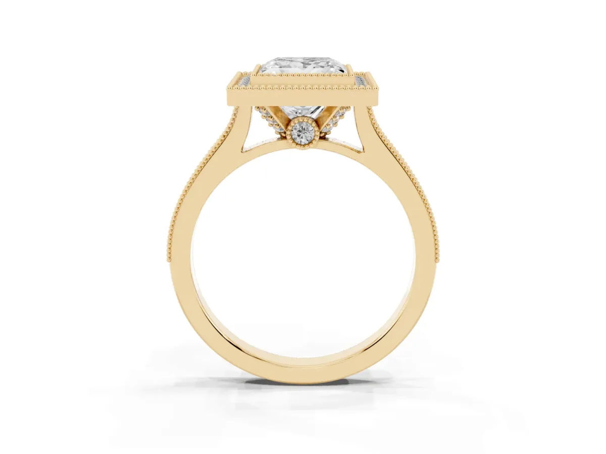 Halo Princess Cut-Cut Diamond Pave Band Milgrain Prong Setting Ring Yellow gold