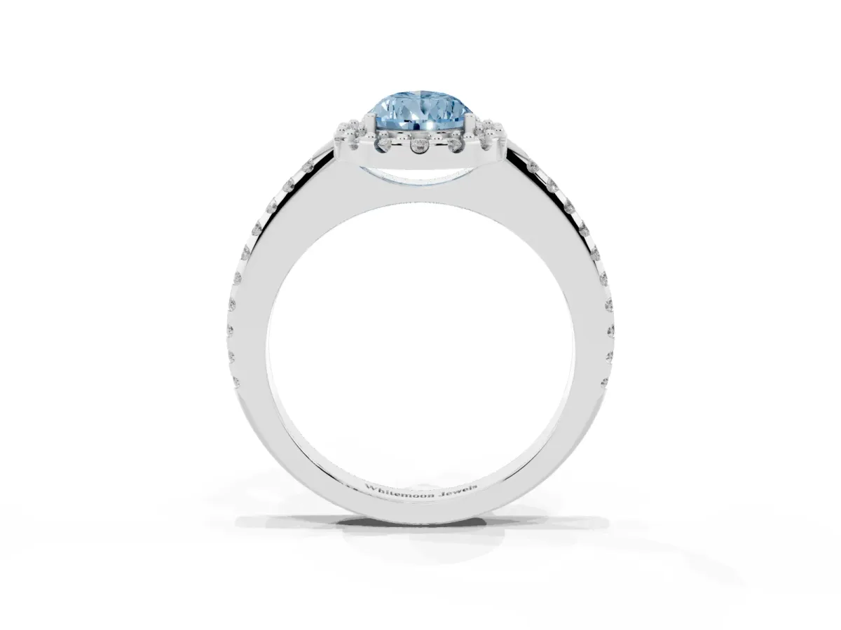 Fancy Blue Pear Cut Diamond Pavé Halo Ring with Four-Prong Setting Silver