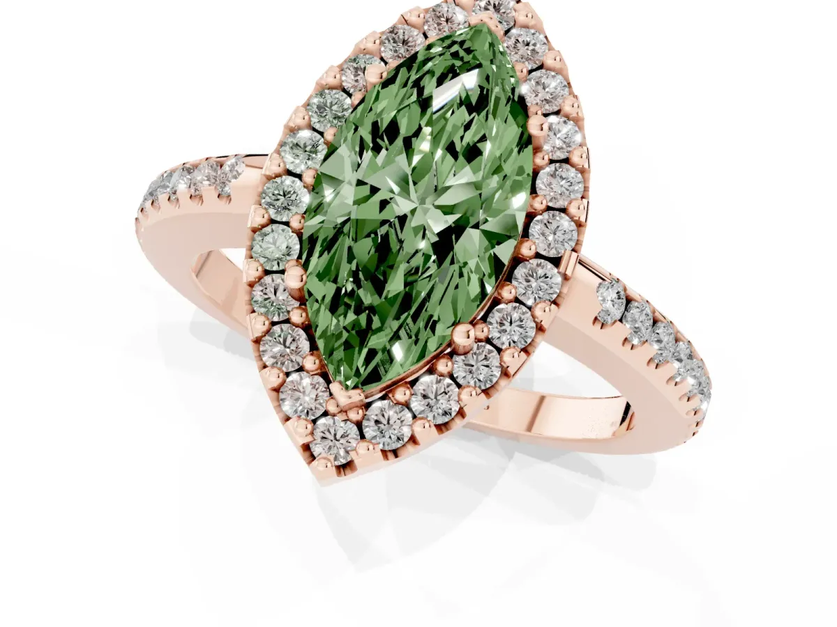 Fancy Green Marquise Cut Diamond Pavé Halo Ring with Four-Prong Setting Rose gold