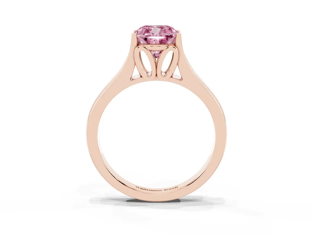 Fancy Pink Cushion Cut Solitaire Diamond Ring with Cathedral Band and Four-Prong Setting Rose gold