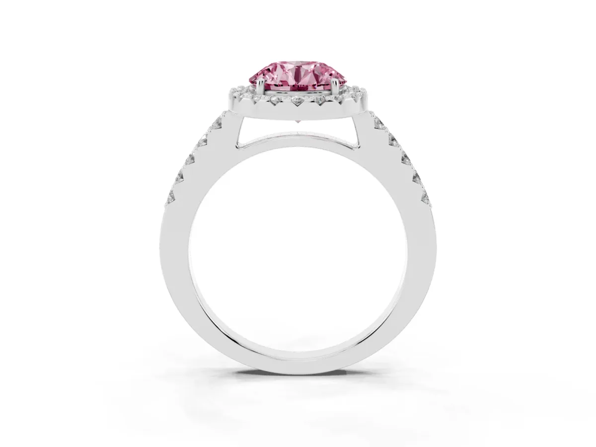Fancy Pink Round Cut Halo Diamond Pavé Solitaire Ring Silver