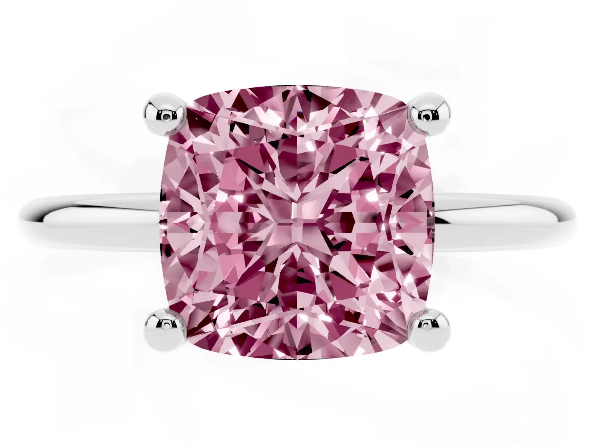 Fancy Pink Cushion Cut Solitaire Diamond Ring with 4-Prong Setting on a Classic Band Silver