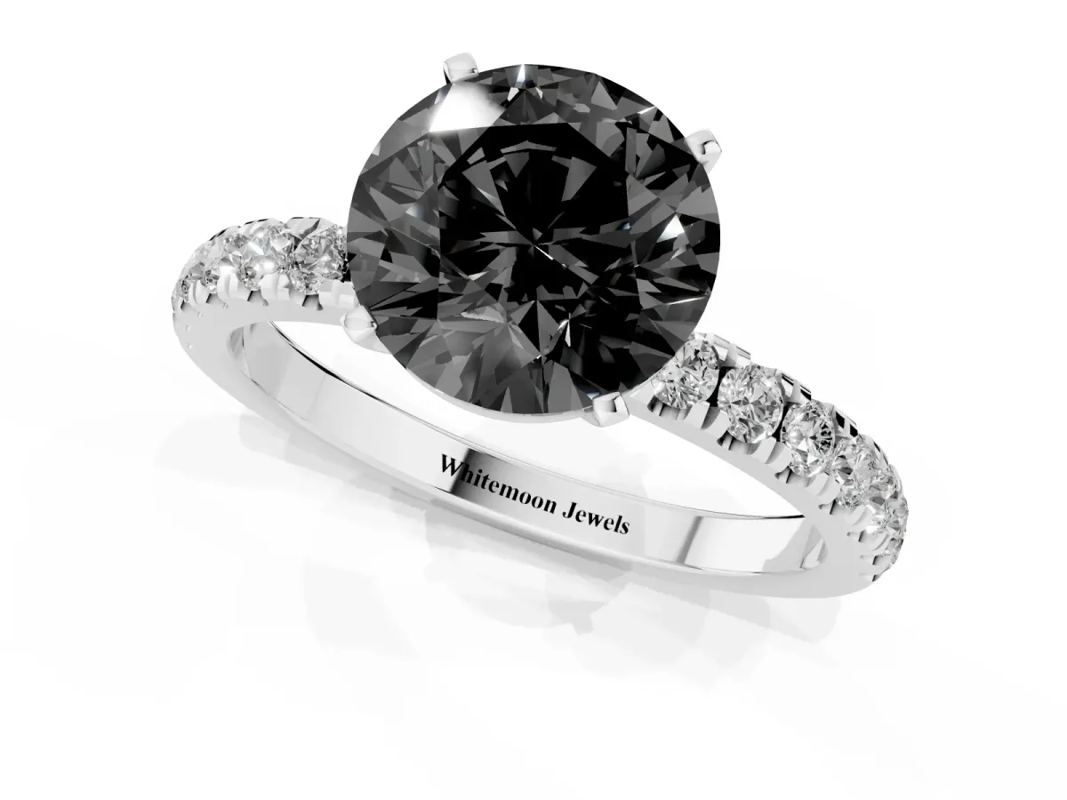 Fancy Black Round Cut Diamond Solitaire Ring with Pavé Accents and Four-Prong Setting White gold