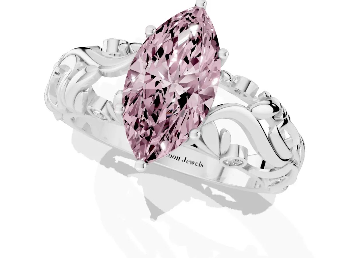 Fancy Pink Marquise Cut Solitaire Diamond Leaf-Inspired Vine Band Ring with Prong Setting Silver
