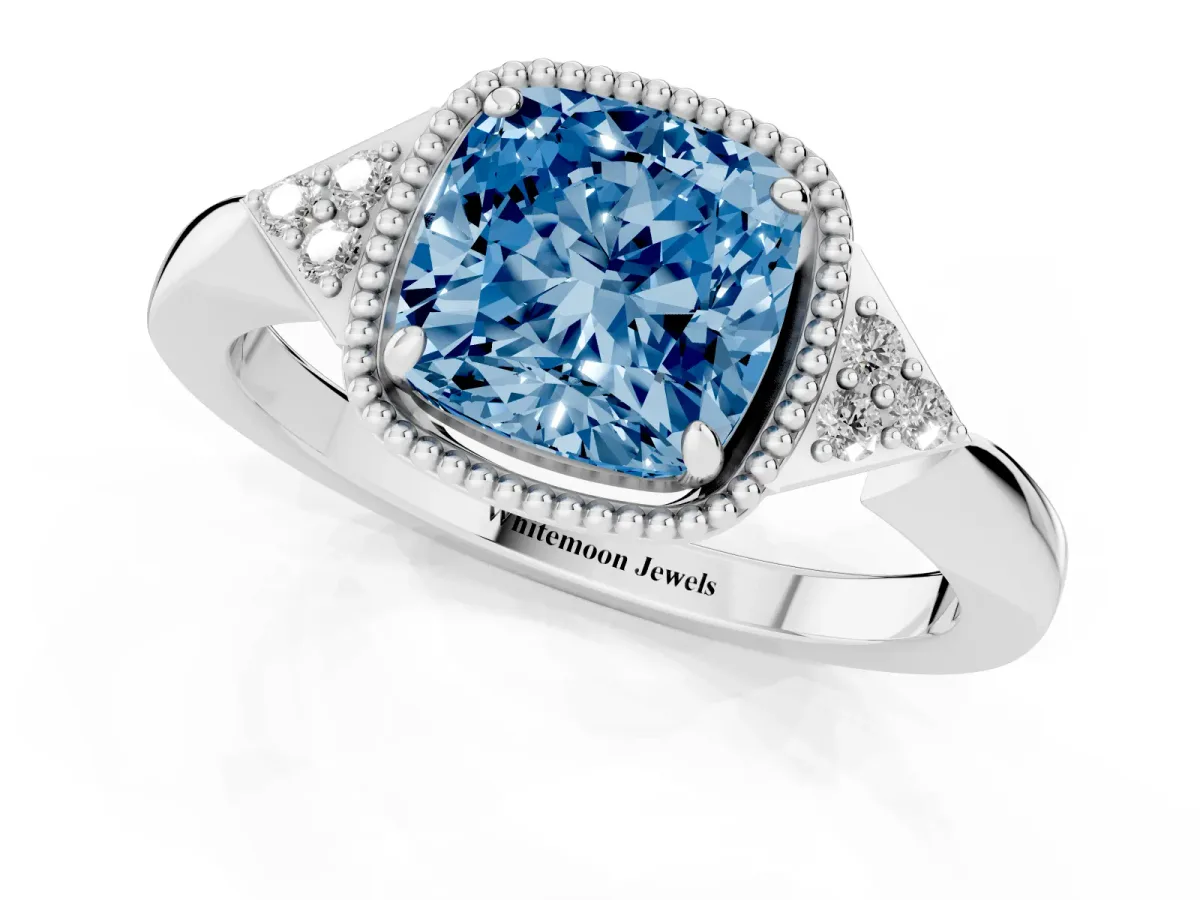 Fancy Blue Cushion Cut Diamond Halo Ring with Tapered Band and Four-Prong Setting White gold