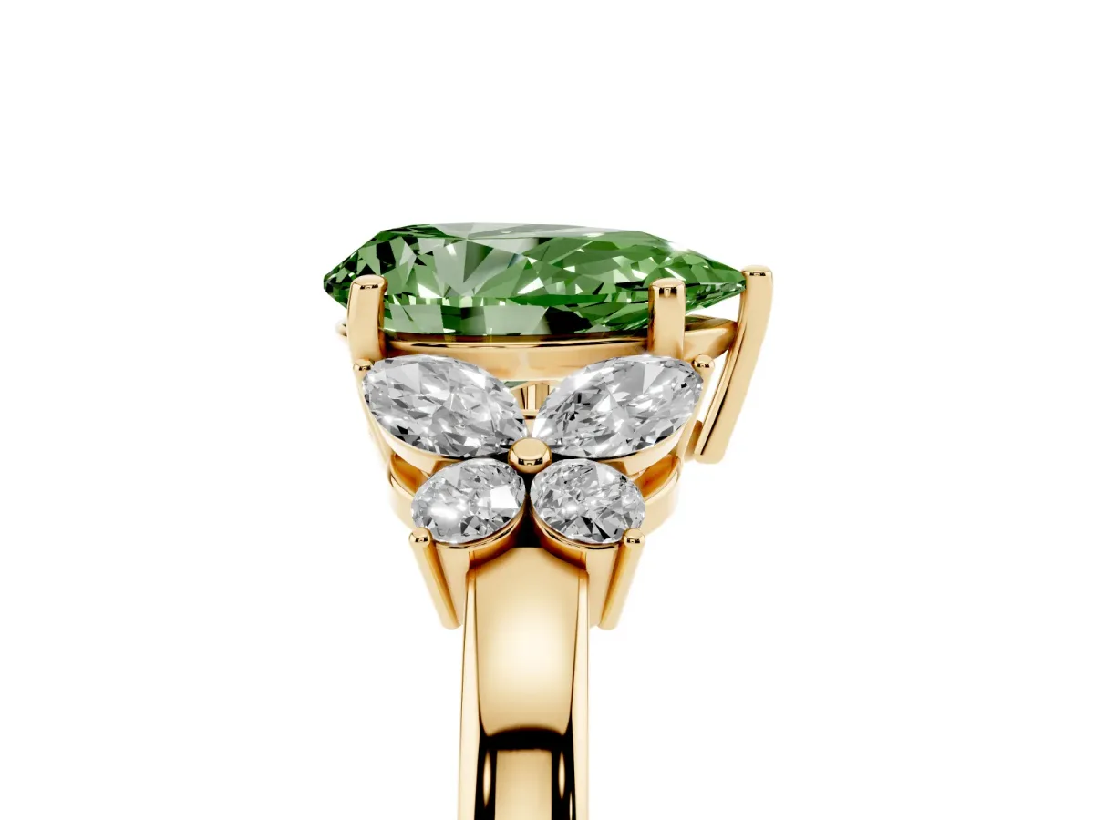 Fancy Green Pear Cut Cut Solitaire Floral Diamond Ring with Four-Prong Setting Yellow gold