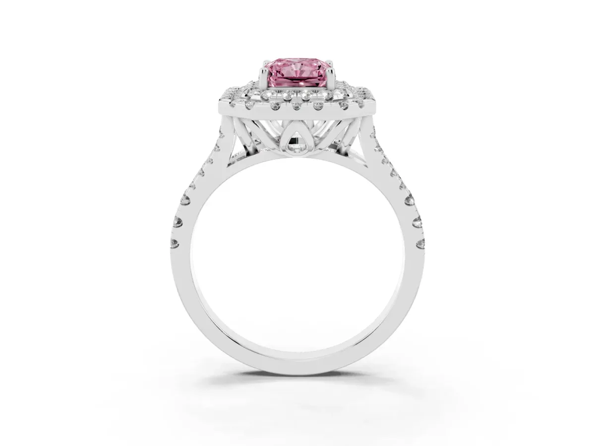 Fancy Pink Double Halo Radiant Cut Diamond Pavé Split Shank Ring with Prong Setting Silver