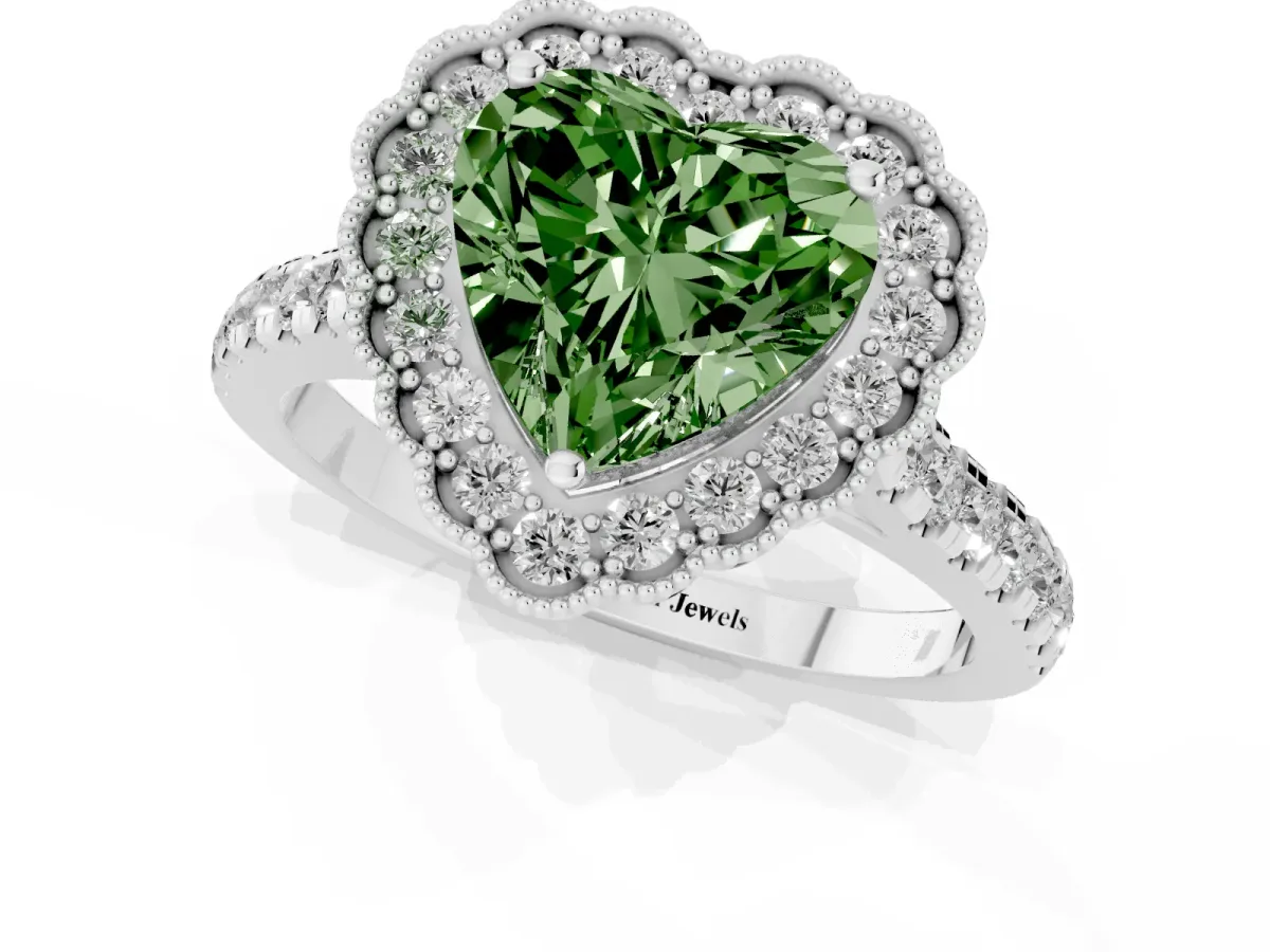 Fancy Green Heart Cut Cut Diamond Milgrain Floral Halo Engagement Ring with Pavé Band White gold