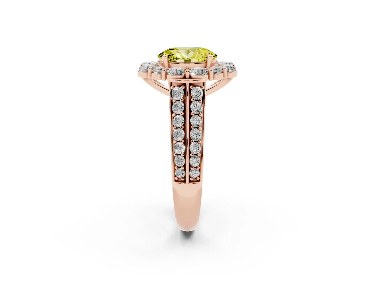 Fancy Yellow Oval Cut Halo Diamond Engagement Ring with Split Shank and Prong Setting Rose gold