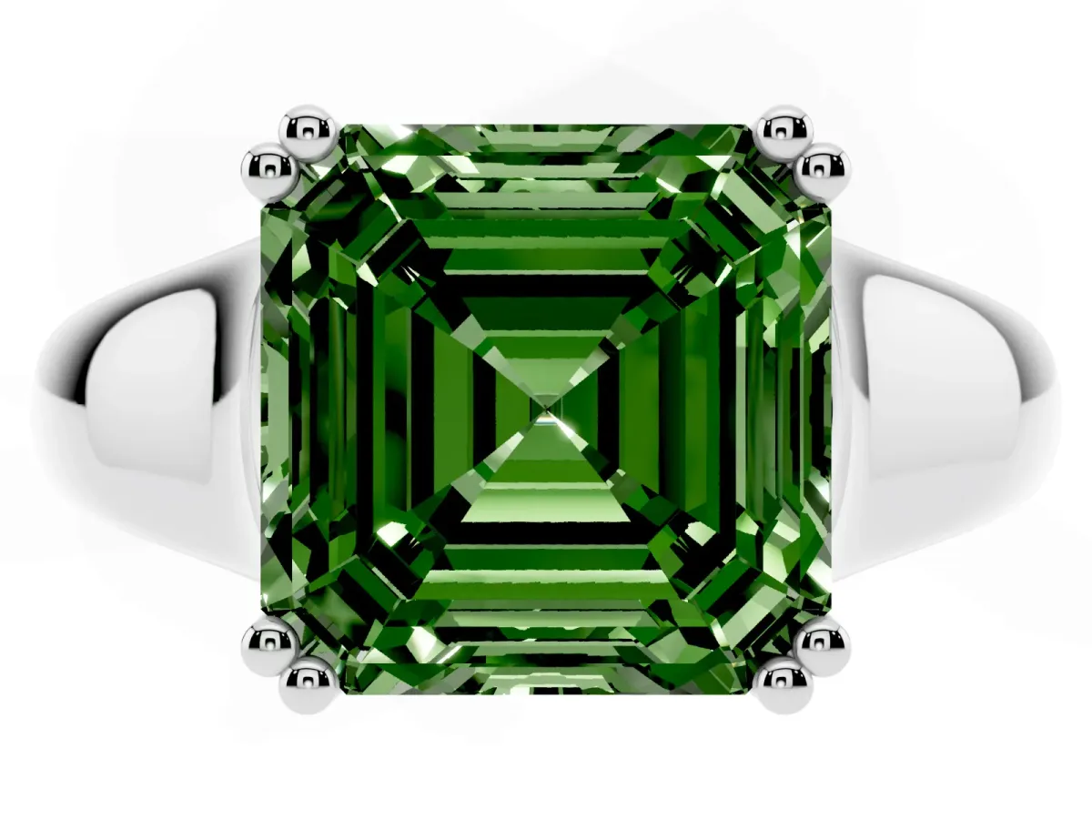 Fancy Green Asscher Cut Diamond Solitaire Ring with Wide Band and Prong Setting Silver