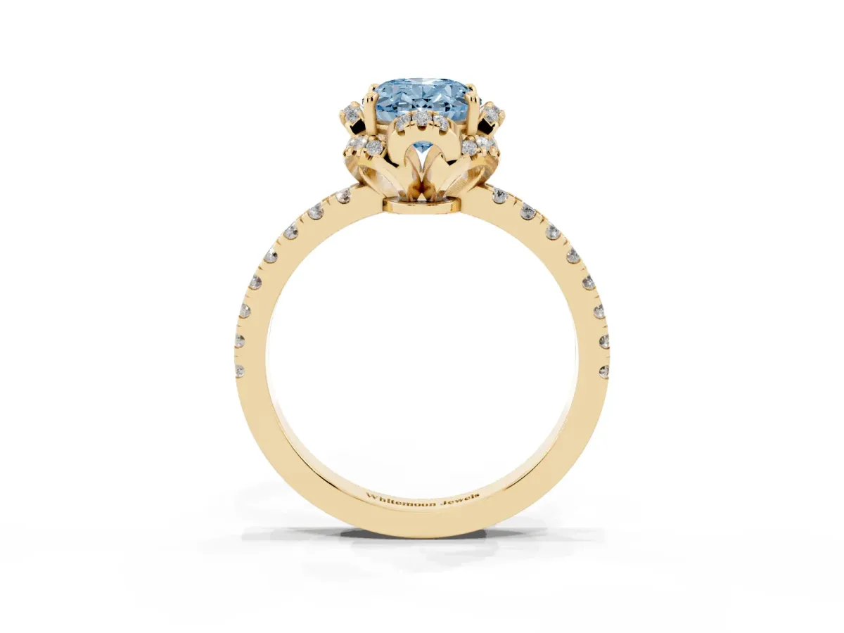 Fancy Blue Oval Cut Halo Diamond Pave Band Ring with Four-Prong Setting Yellow gold