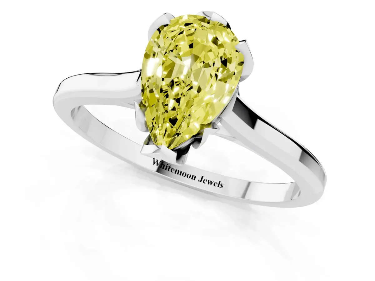 Fancy Yellow Pear Cut Diamond Solitaire Ring with Flower Prong Setting and Classic Band Silver