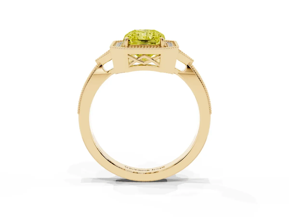 Fancy Yellow Radiant Cut Halo Round Diamond Milgrain Pave Engagement Ring Yellow gold