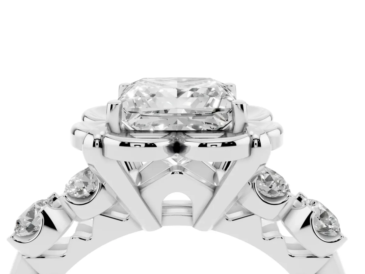 Princess Cut Cut Diamond Floral Halo Engagement Ring with Shared Prong Setting Silver