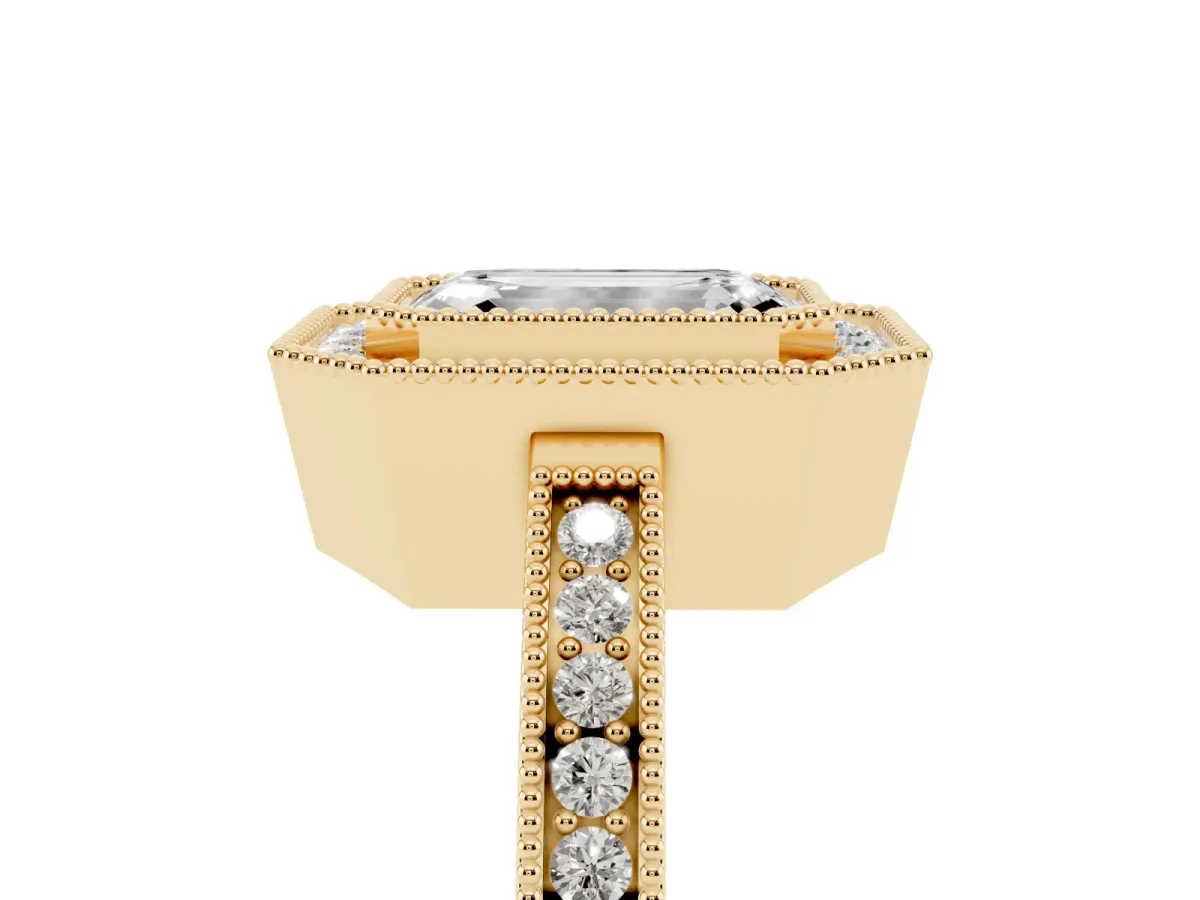 Emerald Cut Cut Halo Diamond Ring with Pavé Band and Milgrain Prong Setting Yellow gold