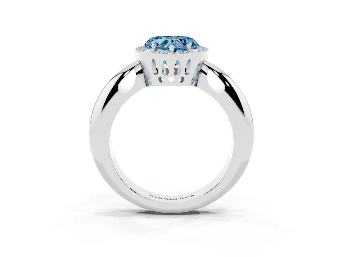 Fancy Blue Heart Cut Cut Diamond Halo Engagement Ring with Split Shank and Four-Prong Setting Silver