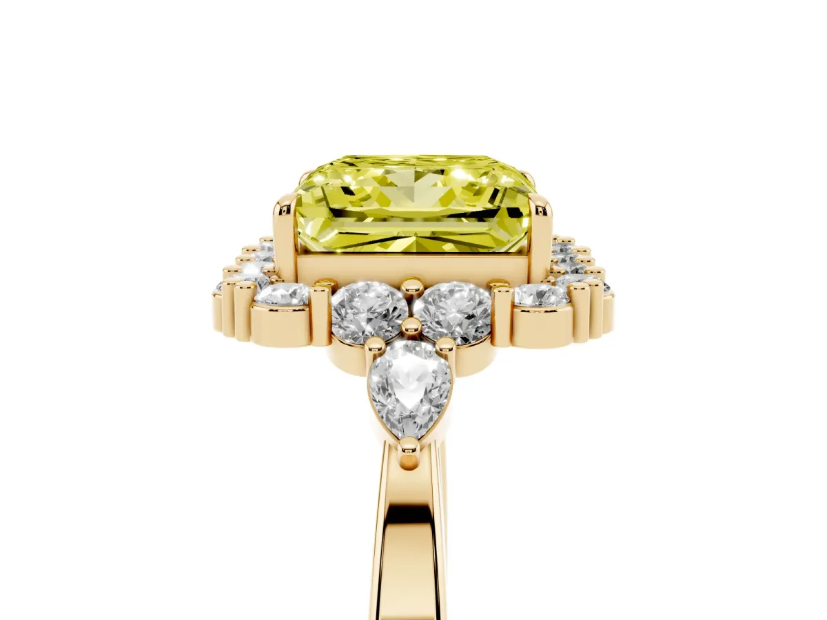Fancy Yellow Princess Cut Diamond Halo Ring with Pear Side Stones and Prong Setting Yellow gold