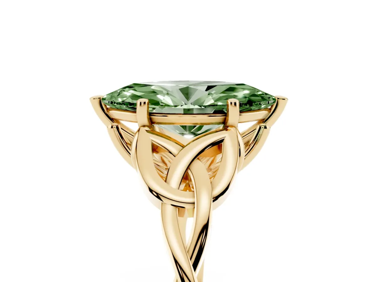 Fancy Green Marquise Cut Diamond Solitaire Engagement Ring with Celtic Knot Band and Four-Prong Setting Yellow gold