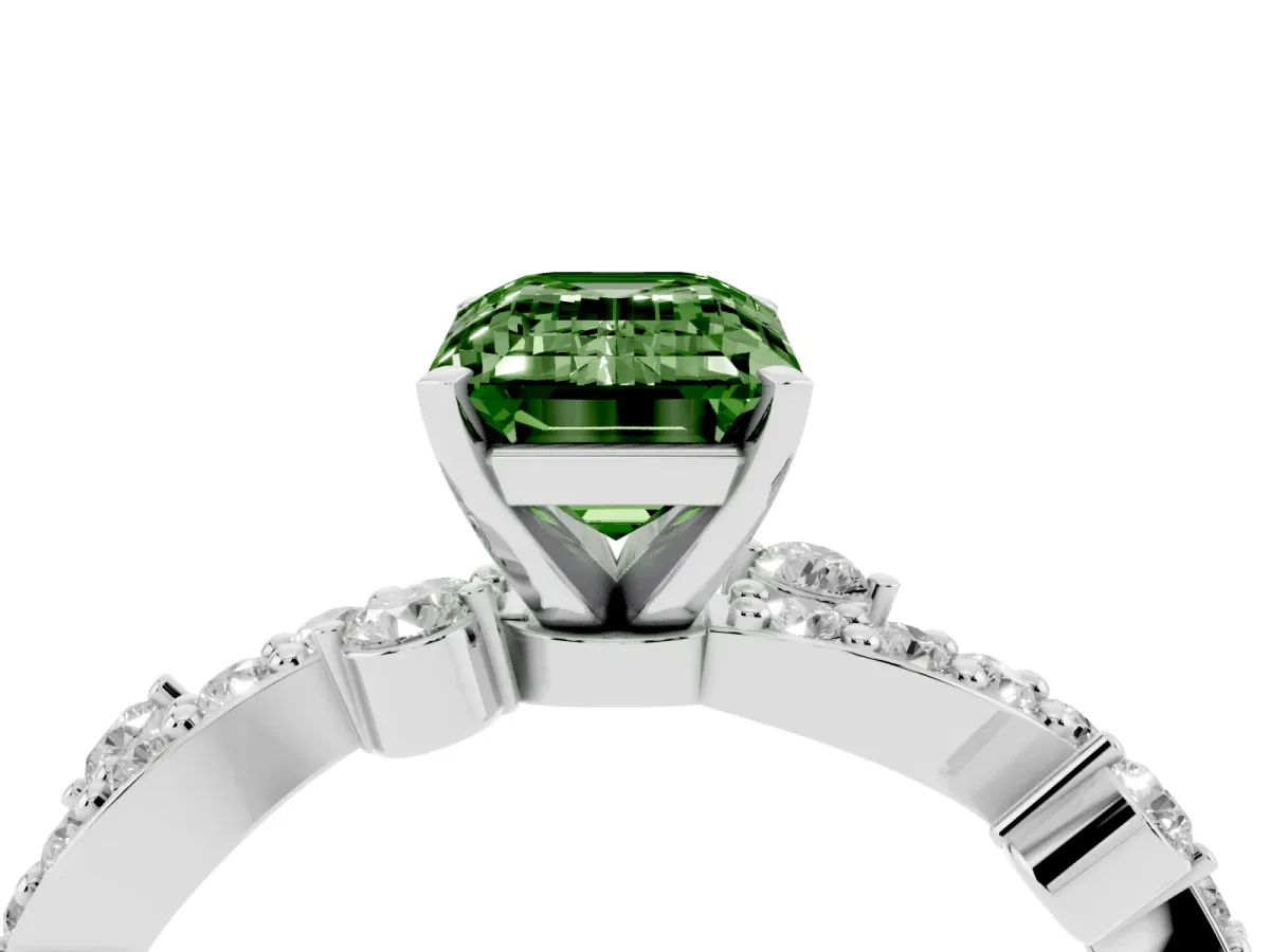 Fancy Green Emerald Cut Cut Solitaire Diamond Twisted Band with Pave Setting Platinum