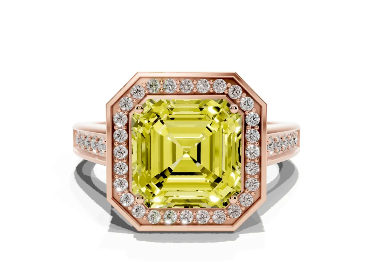 Fancy Yellow Asscher Cut Halo Solitaire Diamond Ring with Pave Band and Bezel Setting Rose gold