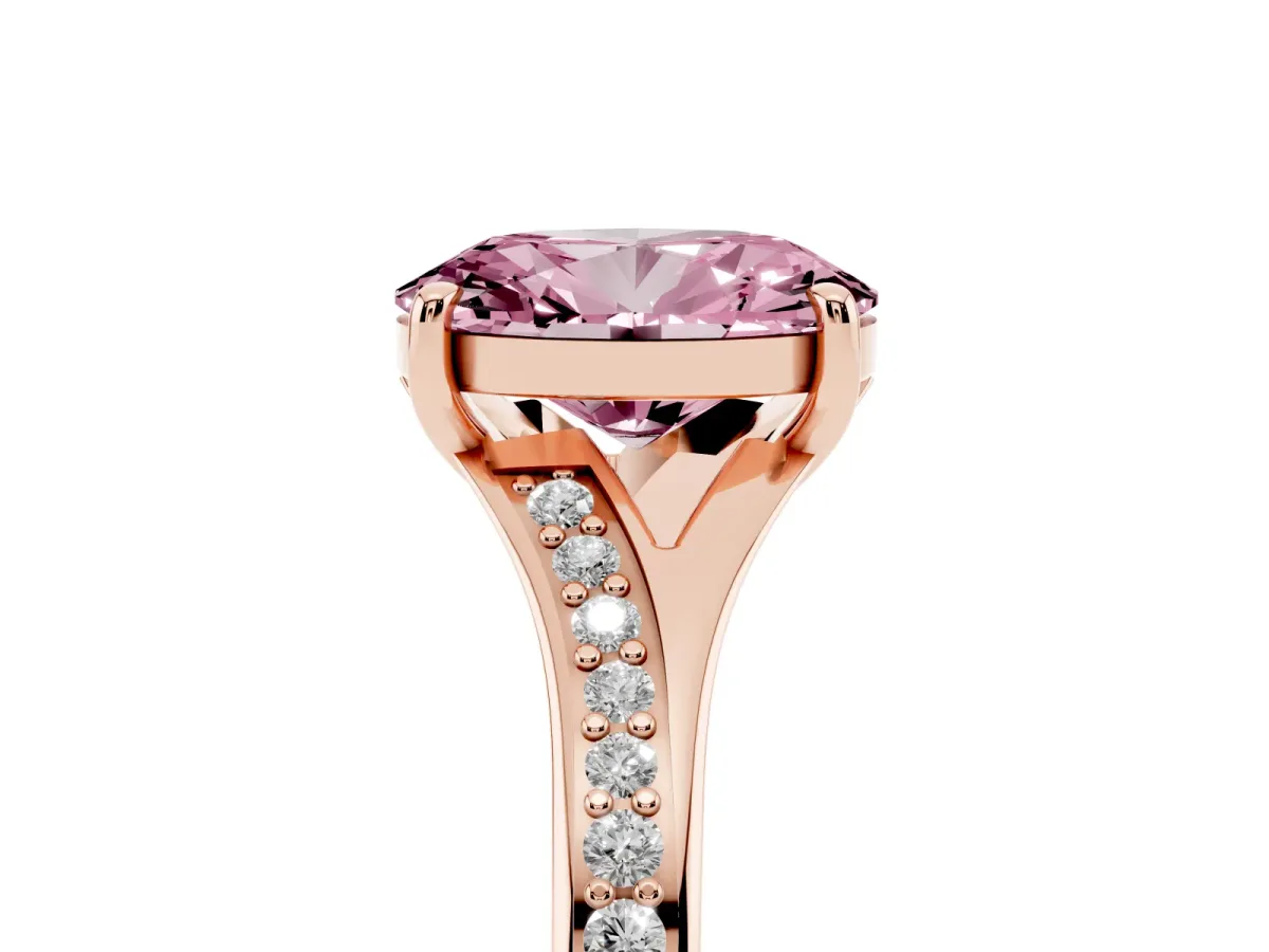 Fancy Pink Oval Cut Diamond Solitaire Ring with Pavé Band and Prong Setting Rose gold