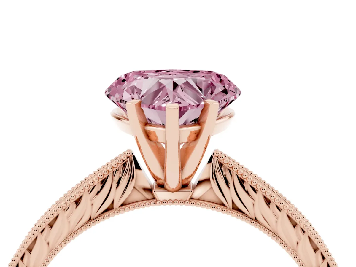 Fancy Pink Heart Cut Solitaire Milgrain Engraved Band with Four-Prong Setting Rose gold