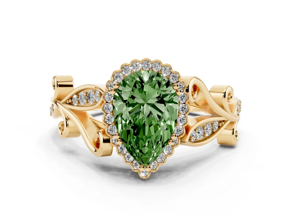 Fancy Green Pear Cut Diamond Halo Ring with Vintage Split Shank and Four-Prong Setting Yellow gold