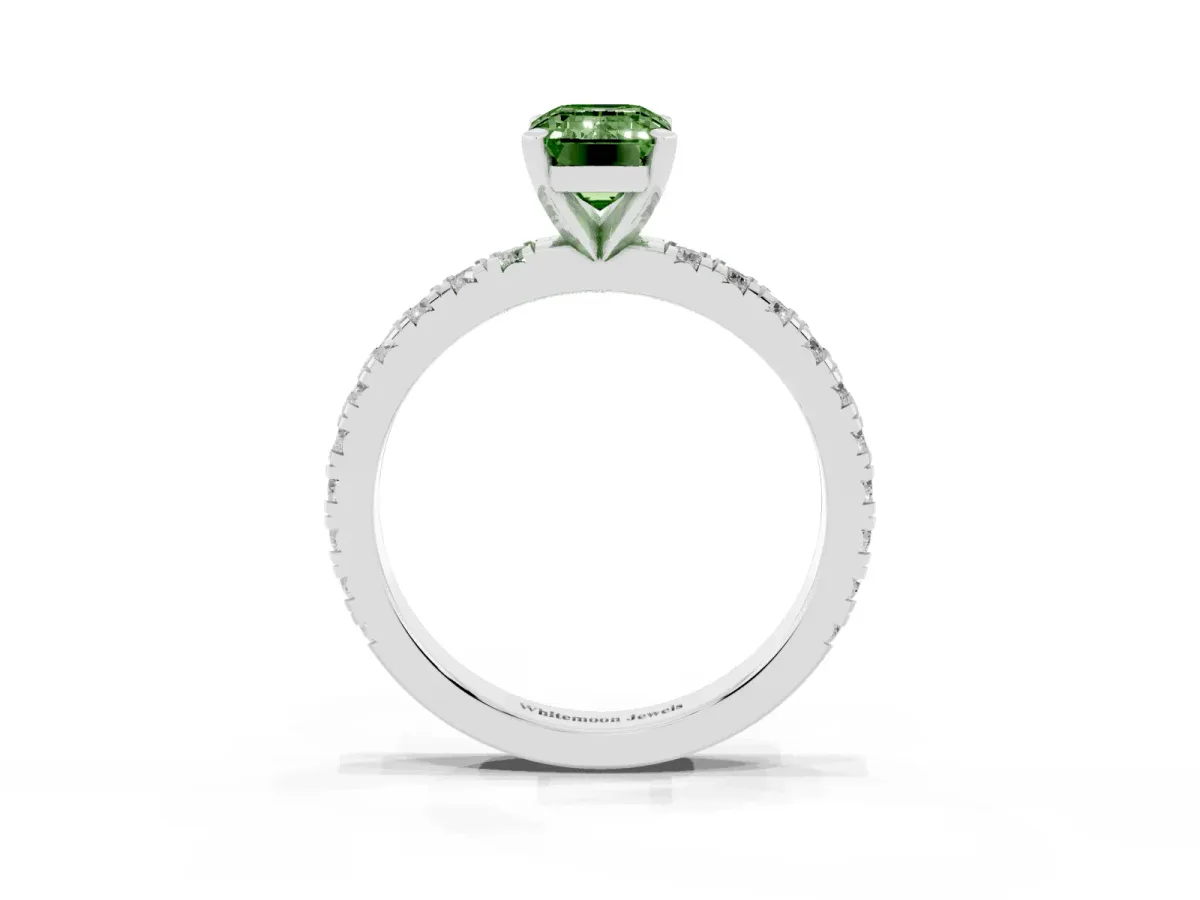 Fancy Green Emerald Cut Diamond Pavé Band Solitaire with Four-Prong Setting Platinum