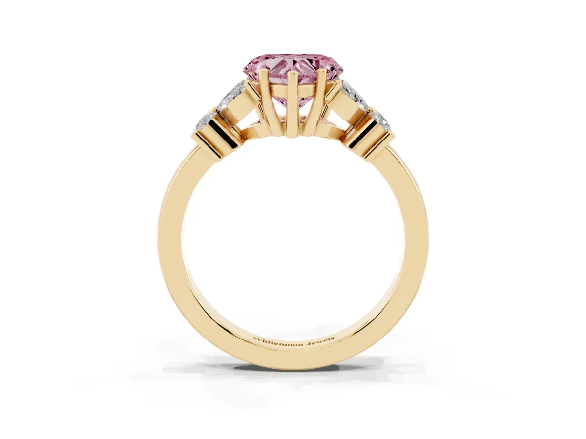 Fancy Pink Heart Cut Diamond Floral Cluster Ring with Solitaire Band and Prong Setting Yellow gold