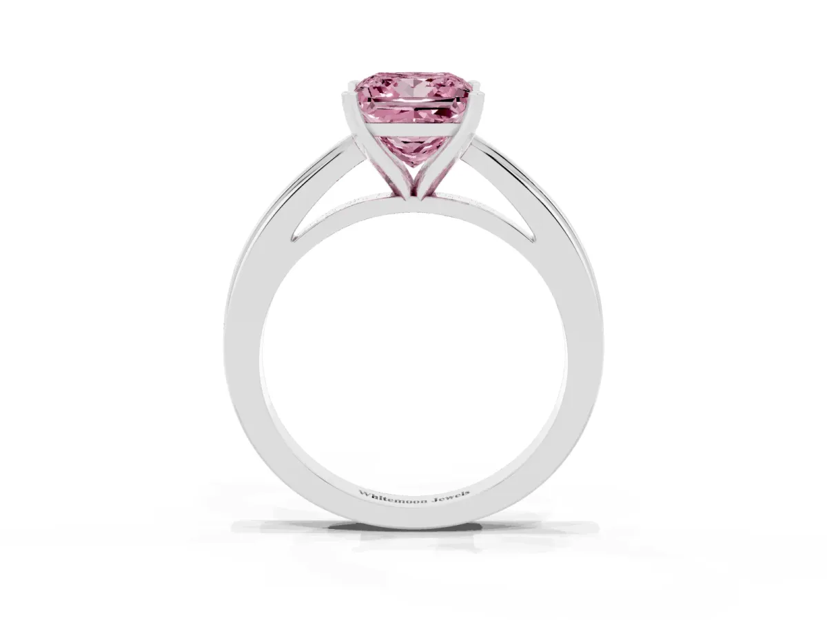 Fancy Pink Princess Cut Solitaire Diamond Ring with Four-Prong Setting and Classic Band Silver