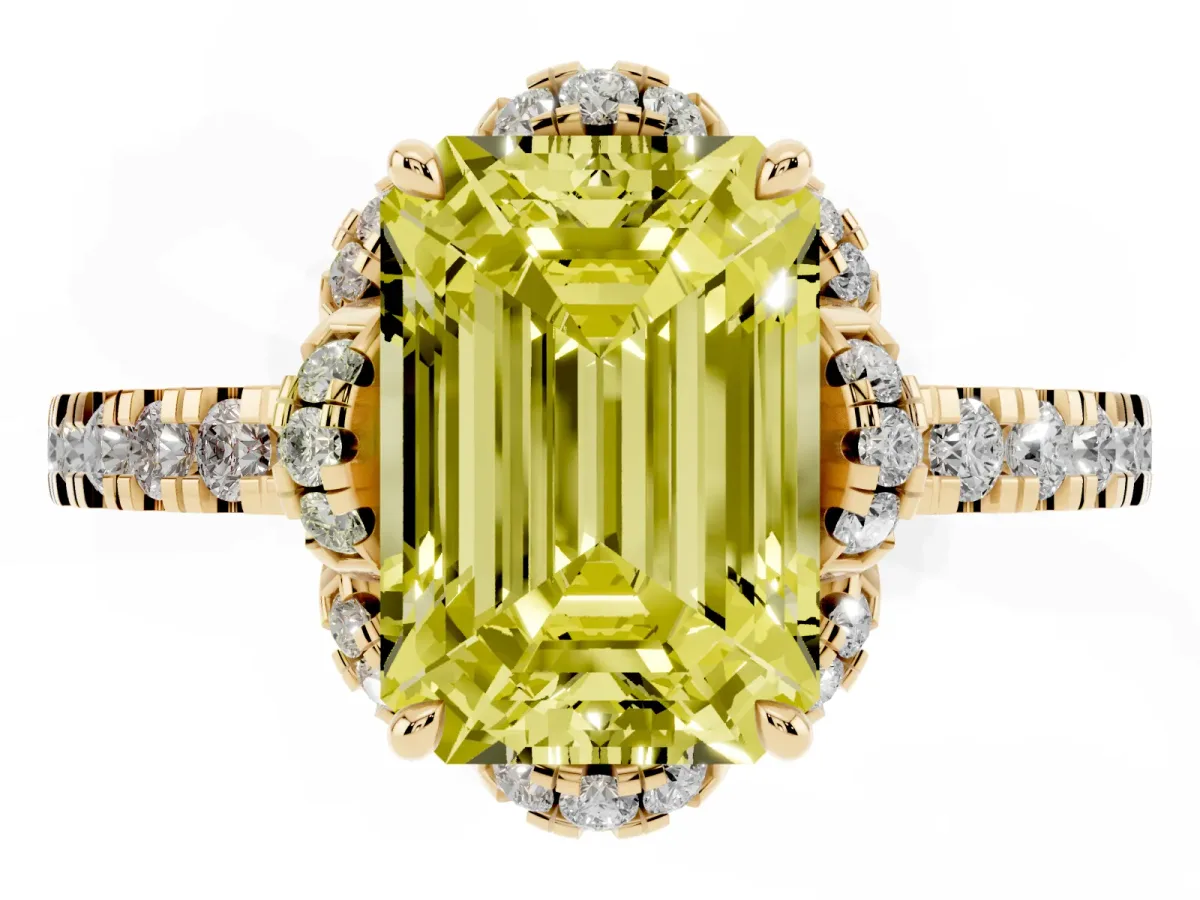 Fancy Yellow Emerald Cut Diamond Halo Pave Band with Four-Prong Setting Yellow gold