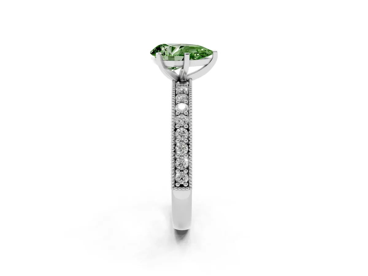 Fancy Green Pear Cut Diamond Milgrain Pavé Engagement Ring with Four-Prong Setting Silver