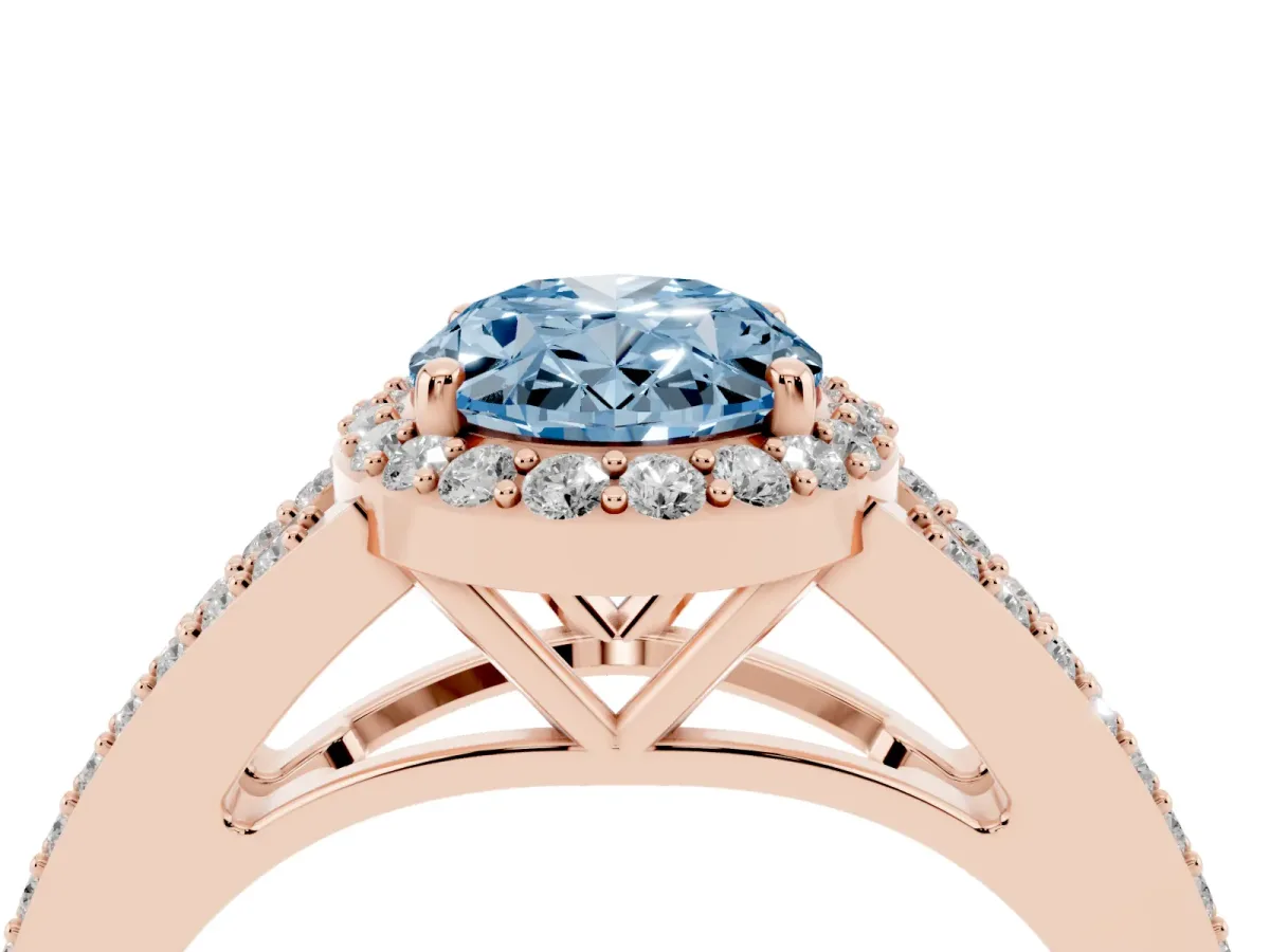 Fancy Blue Oval Cut Halo Split Shank Diamond Ring with Prong Setting Rose gold