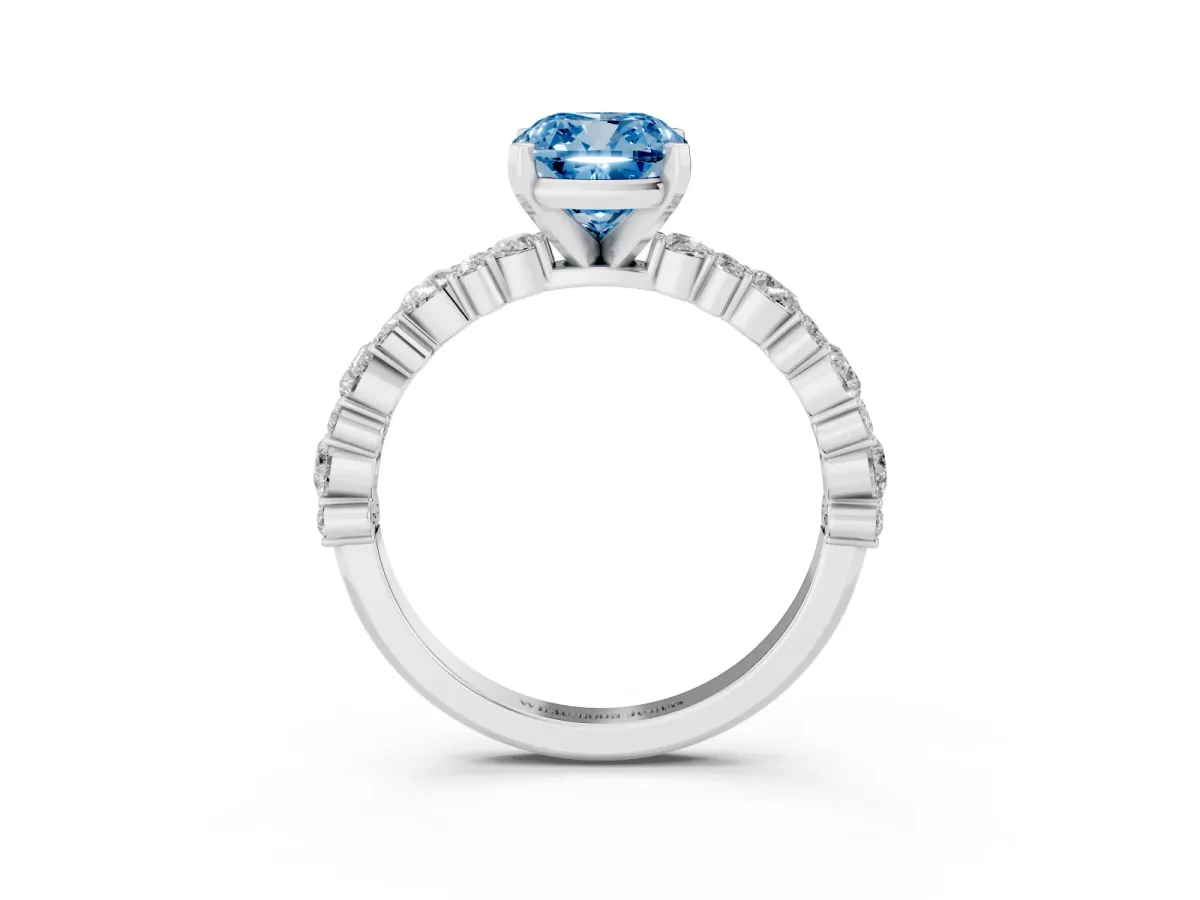 Fancy Blue Cushion Cut Diamond Side Stone Solitaire Ring with Round and Four-Prong Setting Platinum